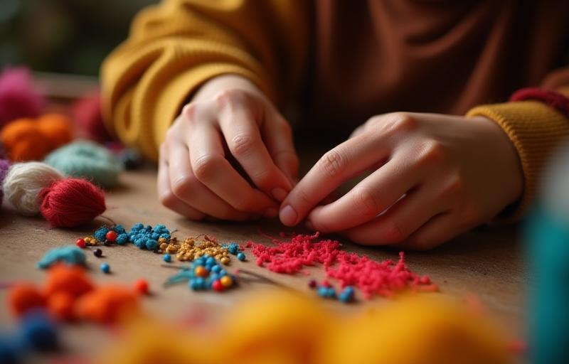 Close-up of hands working on a craft project with colorful materials